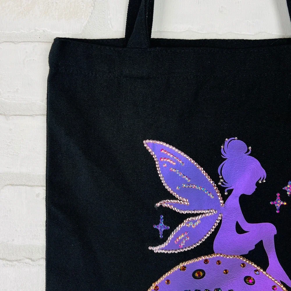 Black Fairy Mushroom Rhinestone Iridescent Canvas Tote Kids Bookbag 12 x 14.5